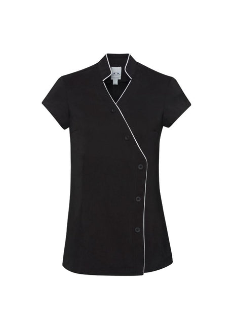 Ladies Zen Crossover Tunic in Black/White, Size 6, featuring a V-shaped neck, deep side splits, and stain-release technology.