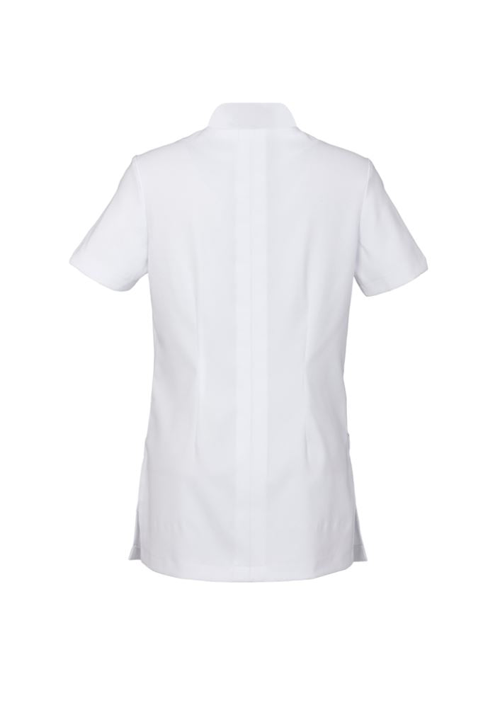 Ladies Zen Crossover Tunic in white, size 10, featuring a button wrap design and elegant V neck for stylish comfort.