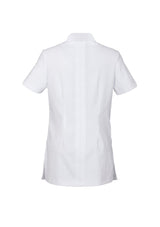 Ladies Zen Crossover Tunic in white, size 10, featuring a button wrap design and elegant V neck for stylish comfort.