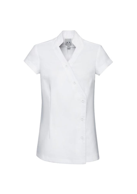Ladies Zen Crossover Tunic in white, size 18; features semi-fitted wrap style, mandarin collar, and stretch fabric for comfort.