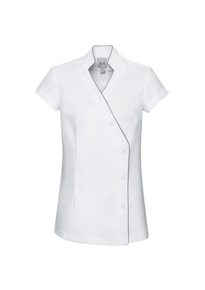 Ladies Zen Crossover Tunic in White/Silver Grey, size 14; features V-neck, mandarin collar, and deep side splits for stylish comfort.