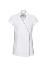 Ladies Zen Crossover Tunic in White/Silver Grey, size 14; features V-neck, mandarin collar, and deep side splits for stylish comfort.