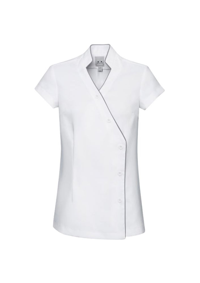 Ladies Zen Crossover Tunic in White/Silver Grey, size 14; features V-neck, mandarin collar, and deep side splits for stylish comfort.