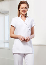 Ladies Zen Crossover Tunic in black, size 6, featuring a stylish wrap design, deep side splits, and Teflon stain release technology.