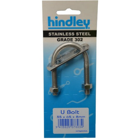 Stainless U bolt 35x65x8mm carded by Hindley, featuring 35mm width, 63mm inside length, and 31mm thread length for secure fastening.