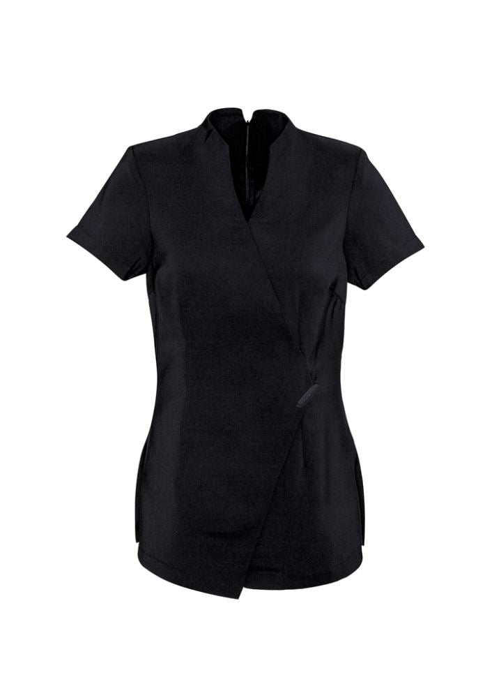 Ladies black spa tunic size 16, featuring mock-wrap design, stretch fabric, and deep side splits for comfort and elegance.