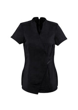Ladies black spa tunic size 16, featuring mock-wrap design, stretch fabric, and deep side splits for comfort and elegance.