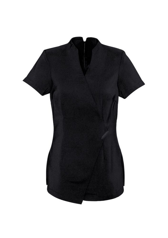 Ladies black spa tunic size 16, featuring mock-wrap design, stretch fabric, and deep side splits for comfort and elegance.