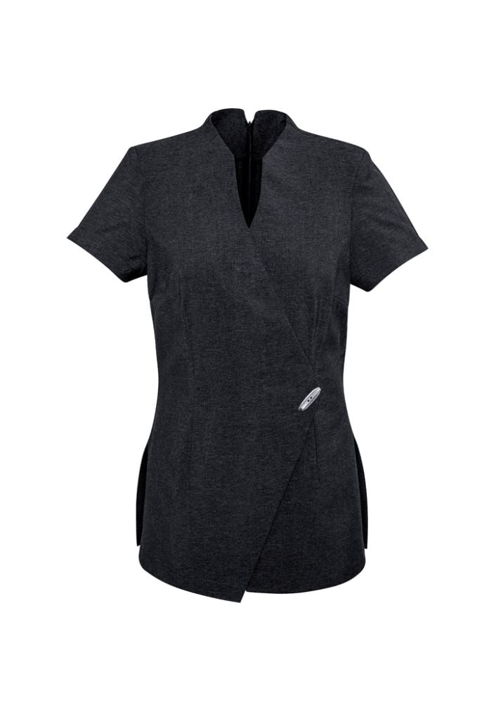 Ladies Spa Tunic in Grey Marle, Size 10, featuring asymmetrical wrap front, invisible zip, and deep side splits for comfort.