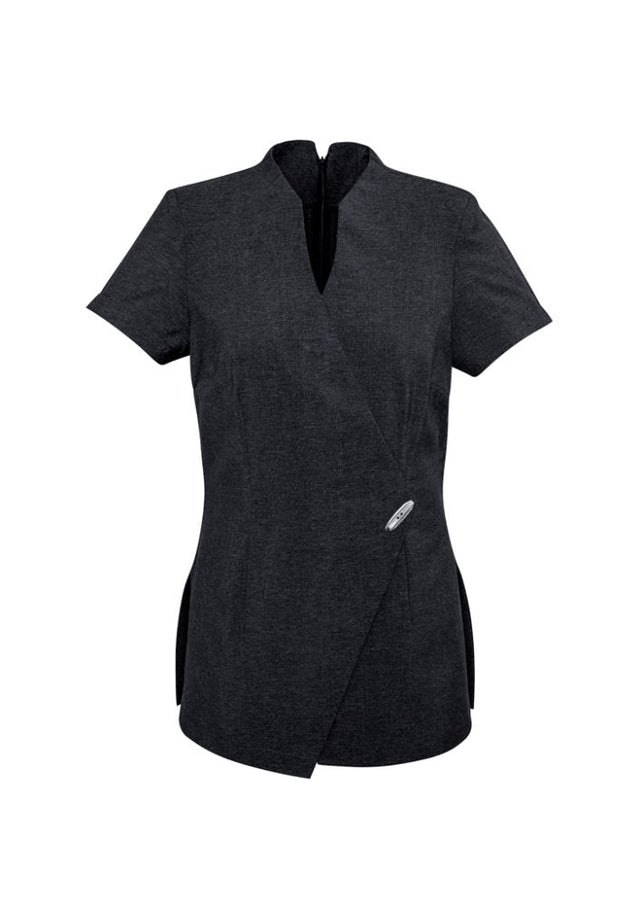 Ladies Spa Tunic in Grey Marle, Size 18, featuring asymmetrical wrap front, deep side splits, and stain-resistant fabric.