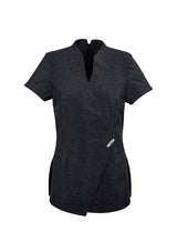 Ladies Spa Tunic in Grey Marle, Size 12, featuring a mock-wrap front, deep side splits, and Teflon stain release for easy care.