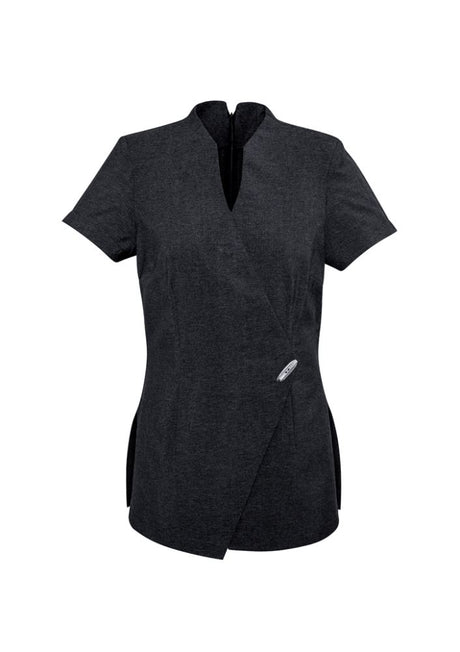 Ladies Spa Tunic in Grey Marle, Size 12, featuring a mock-wrap front, deep side splits, and Teflon stain release for easy care.