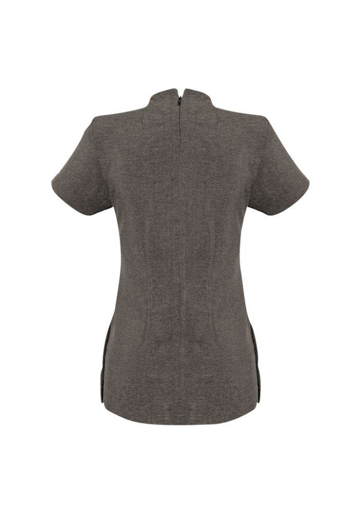 Asymmetrical mock-wrap spa tunic in Natural, Size 16, made from premium stretch fabric with stain release for easy care.