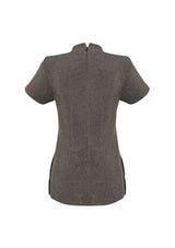 Asymmetrical mock-wrap spa tunic in Natural, Size 16, made from premium stretch fabric with stain release for easy care.