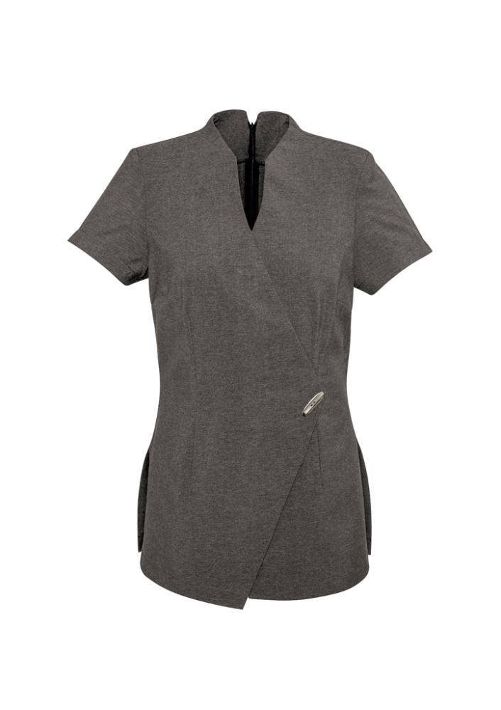 Ladies Spa Tunic in Natural, Size 10, featuring asymmetrical mock-wrap front and stain-resistant fabric for spa professionals.