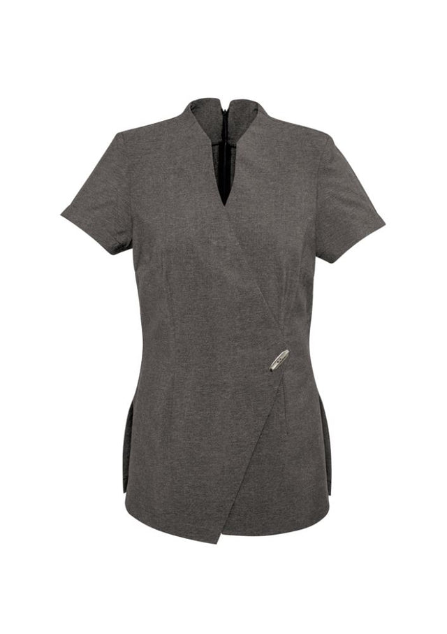 Ladies Spa Tunic in Natural, Size 16, featuring a stylish mock-wrap design, Teflon stain release, and deep side splits.