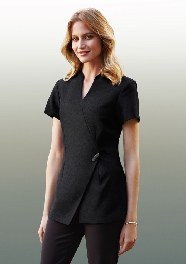 Ladies Spa Tunic in Grey Marle, Size 10, featuring a mock-wrap front and easy-care fabric, ideal for beauty professionals.