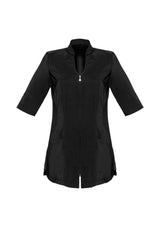 Elegant black Ladies Bliss Tunic size 20, featuring a 2-way zip, pockets, and breathable design for stylish comfort.