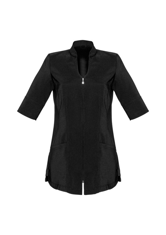 Elegant black Ladies Bliss Tunic size 20, featuring a 2-way zip, pockets, and breathable design for stylish comfort.