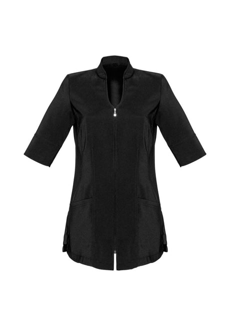 Stylish black tunic for women with 2-way zip, pockets, and comfortable stretch fabric, perfect for various occasions.