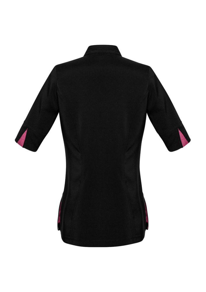 Ladies Bliss Tunic in Black and Magenta, Size 14, featuring a 2-way zip, deep side splits, and two front pockets.