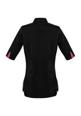 Elegant black and magenta ladies tunic with 2-way zip, pockets, and deep side splits for style and comfort, size 20.