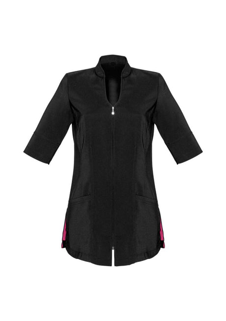Ladies Bliss Tunic in black and magenta, featuring stretch fabric, 2-way zip, pockets, and deep side splits for comfort and style.