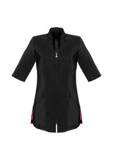 Stylish black and magenta Ladies Bliss Tunic, Size 12, featuring a 2-way zip, pockets, and stain-resistant fabric.