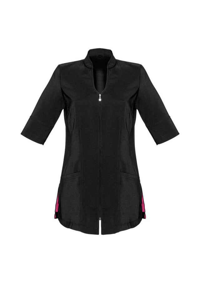 Stylish black and magenta Ladies Bliss Tunic, Size 12, featuring a 2-way zip, pockets, and stain-resistant fabric.