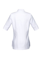 Ladies Bliss Tunic in white, size 8, featuring a 2-way zip, pockets, and stretch fabric for comfort and style.