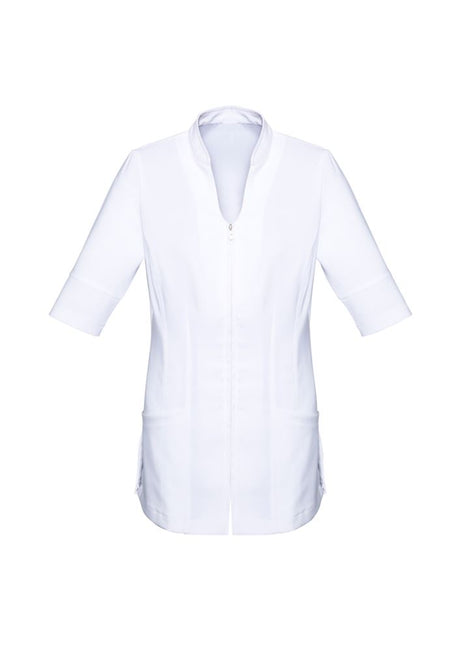 Ladies Bliss Tunic in White, Size 6, featuring a 2-way zipper, deep side splits, and stain-resistant fabric for stylish comfort.