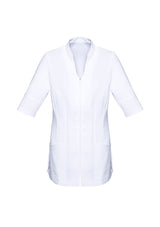 Ladies Bliss Tunic in white, size 8 with 2-way zip, pockets, and no-show-through fabric for comfort and style.