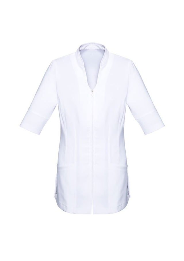 Ladies Bliss Tunic in white, size 8 with 2-way zip, pockets, and no-show-through fabric for comfort and style.