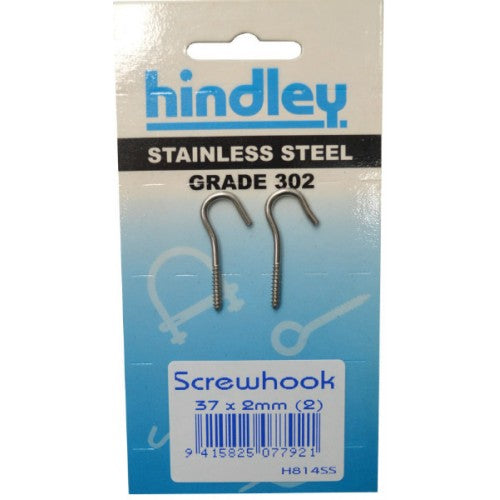 Stainless Screwhook  37x2mm (2)  Carded  Hindley