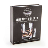 Set of 4 stainless steel Whisky Bullets in a classy box, designed to chill drinks without dilution, ideal for whisky lovers.