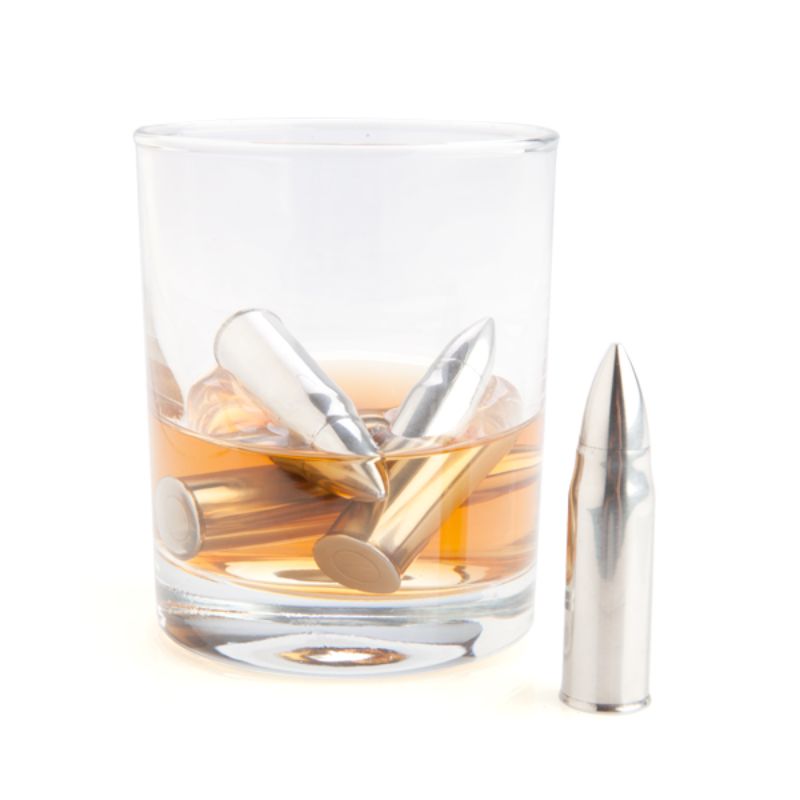 Set of 4 stainless steel whisky bullets for chilling drinks without dilution, packaged in a classy gift box with a velvet bag.