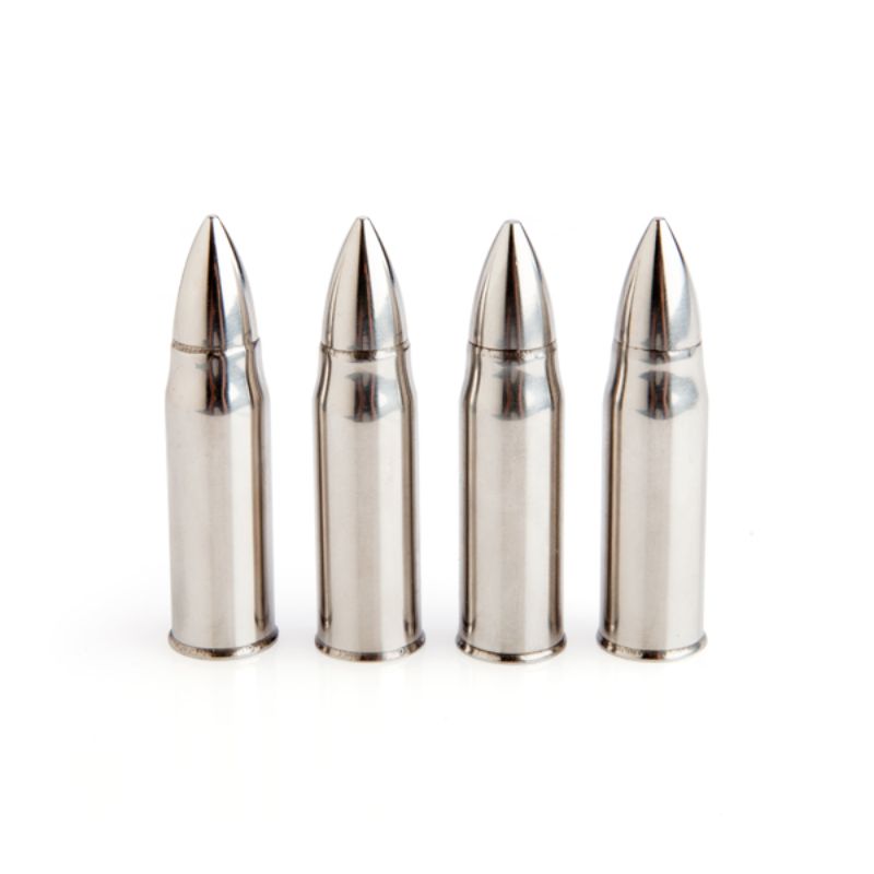 Set of 4 stainless steel Whisky Bullets for chilling drinks without dilution, packaged in a classy magnetic box.