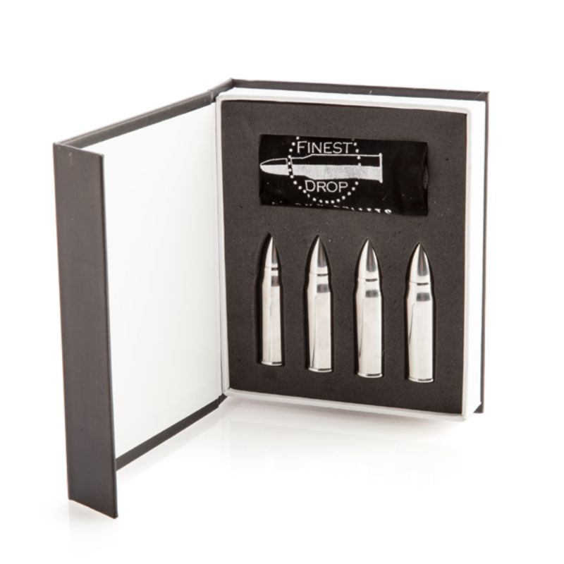 Set of 4 stainless steel Whisky Bullets for chilling drinks without dilution, packaged in a classy box with a velvet bag.