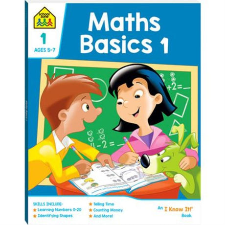 Workbook cover of School Zone I Know It: Maths Basics 1, featuring engaging activities for young learners to master basic maths skills.
