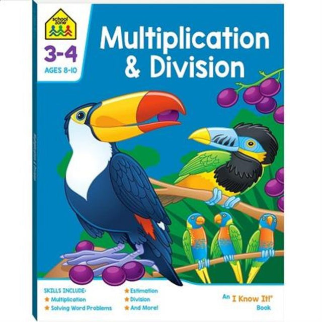 Colorful workbook featuring multiplication and division lessons with engaging rainforest theme for kids' math learning.