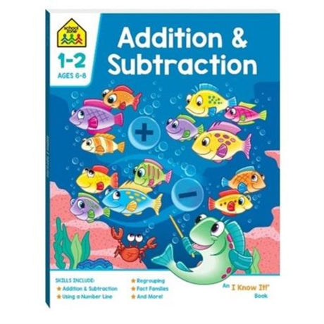 Colorful workbook for kids aged 6+, featuring fun activities to practice addition and subtraction skills effectively.