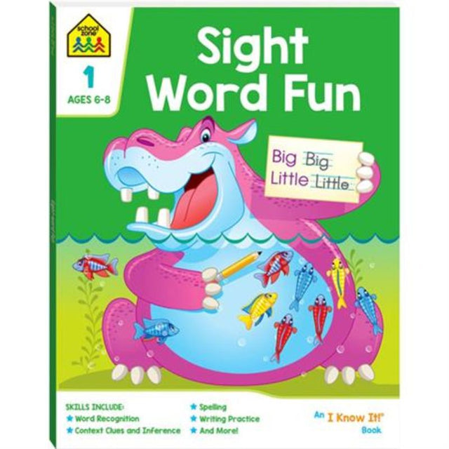 Colorful workbook cover featuring 'Sight Word Fun' for kids aged 6+, promoting early literacy with engaging activities.