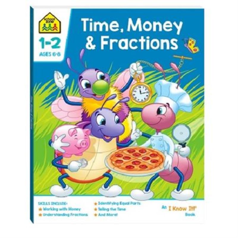 Colorful workbook for kids teaching time, money, and fractions with engaging activities for ages 3 and up.