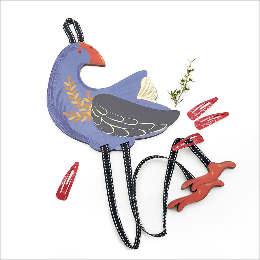 Pine Art Hairclip Tidy featuring vibrant Pukeko design, an eco-friendly storage solution for hair accessories.