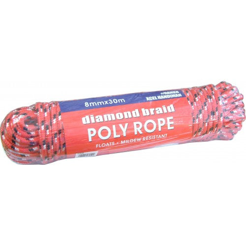 Durable 8mm x 30m polypropylene rope with diamond braid, ideal for versatile outdoor and household uses.