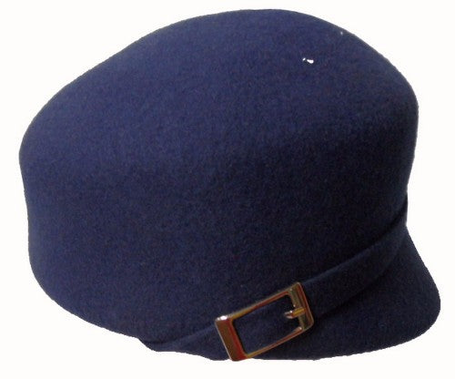 Navy wool felt cap with buckle detail, ensuring warmth and style for outdoor adventures and casual outings.