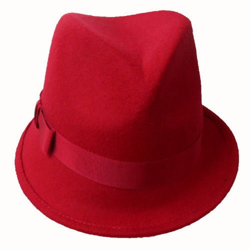 Stylish red felt trilby hat with Petersham rib band, perfect for elevating any outfit at events or casual outings.