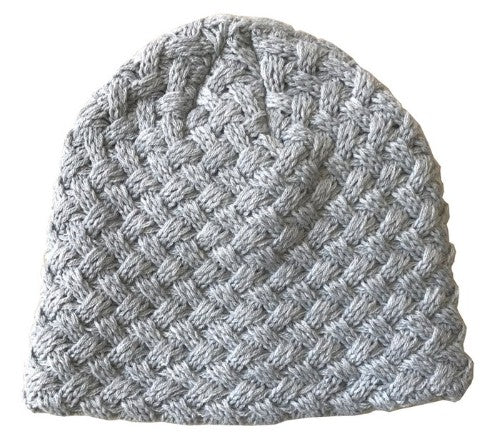 Warm grey large weave beanie, oversized design for stylish winter wear, perfect for casual looks and outdoor activities.