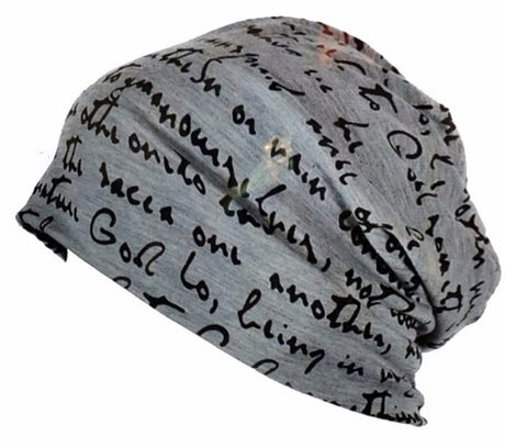 Stylish grey cotton and spandex beanie with lettering, perfect for warmth and versatility in any outfit.
