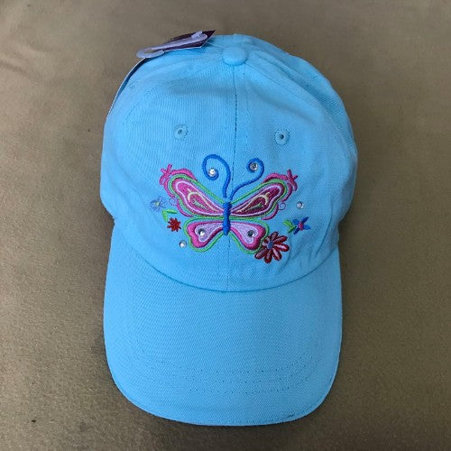 Vibrant blue cap for toddlers aged 1-3, featuring embroidered butterflies and an adjustable strap for sun protection and style.